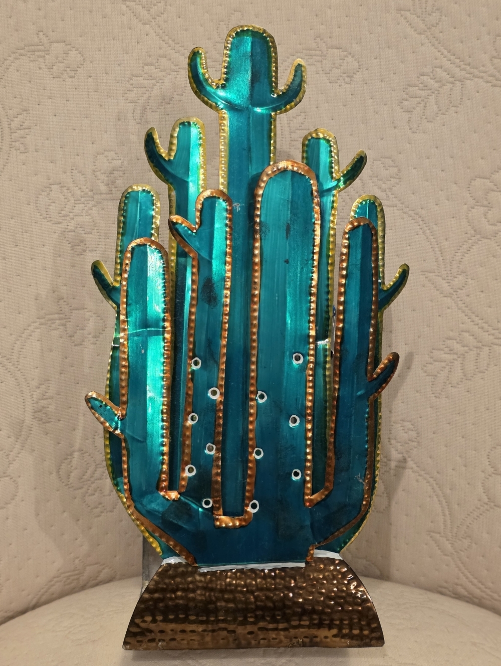 Folk Art Green Metal Cactus Table Lamp Accent